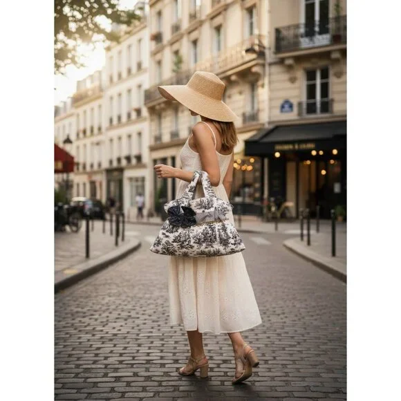 Handmade Black & White Toile & Houndstooth Tote Bag With Ruffled Detail & Gold T - Picture 5 of 15